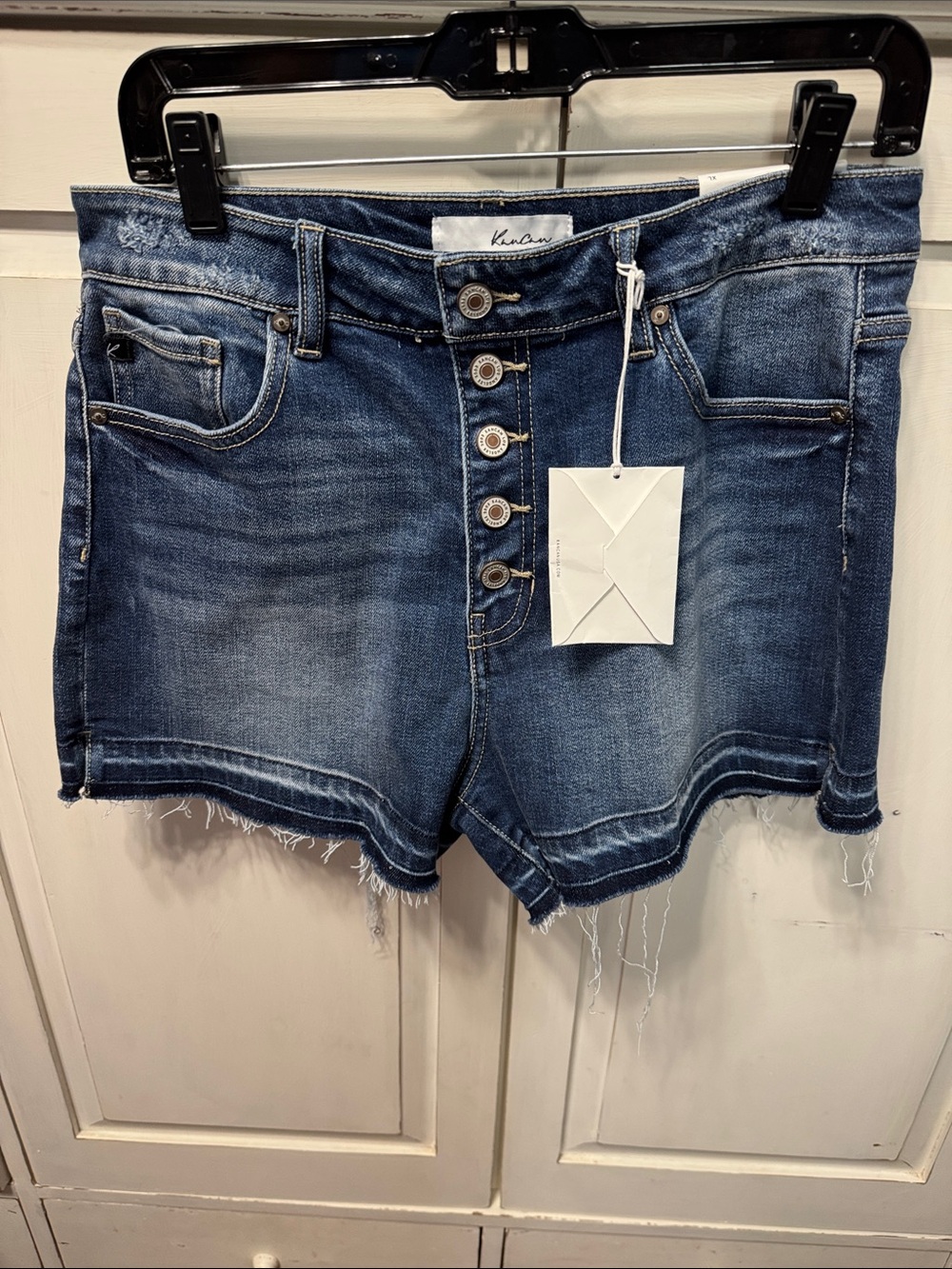 KanCan High Rise Distressed Button-Front Frayed Hem Denim Shorts